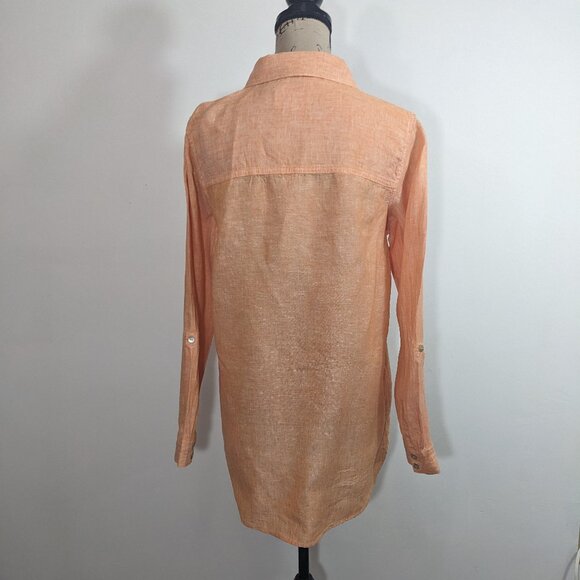 Sigrid Olsen Top M Orange Linen Roll Tab Tunic Beach Coastal Grandmother Shirt - Picture 5 of 9